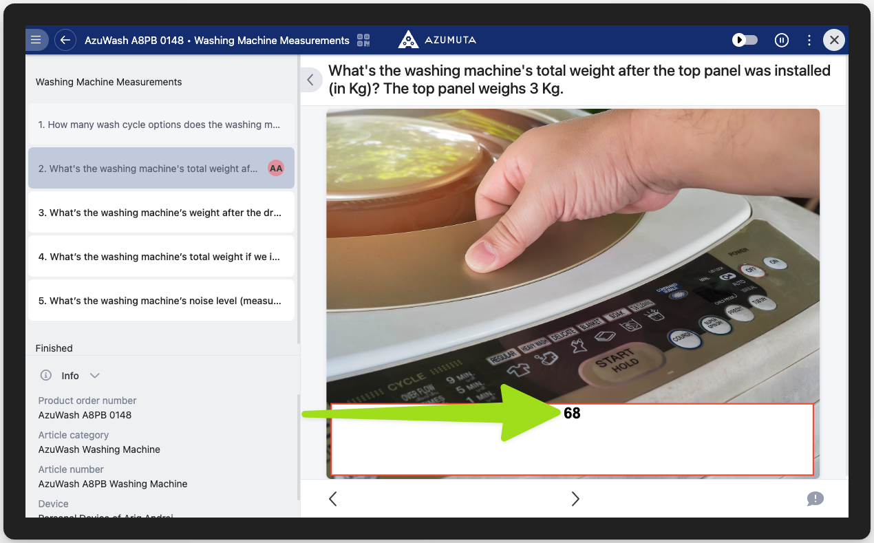 Azumuta interface displaying a washing machine measurement question about its total weight after installing the top panel. The image shows a hand placing a top panel on a washing machine, with the calculated weight "68" highlighted in a red box with a green arrow pointing to it. The left panel lists related measurement questions and product details for the "AzuWash A8PB 0148" model.