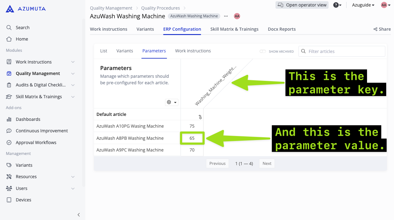 Azumuta interface displaying the ERP Configuration settings for an "AzuWash Washing Machine." The "Parameters" tab is open, showing a table with parameter keys and values. A green-highlighted label identifies "Washing_Machine_Weight" as the parameter key, and the value "65" is highlighted as the parameter value. Black boxes with neon green text explain the key-value relationship. The left sidebar includes navigation options for Work Instructions, Quality Management, and other modules.