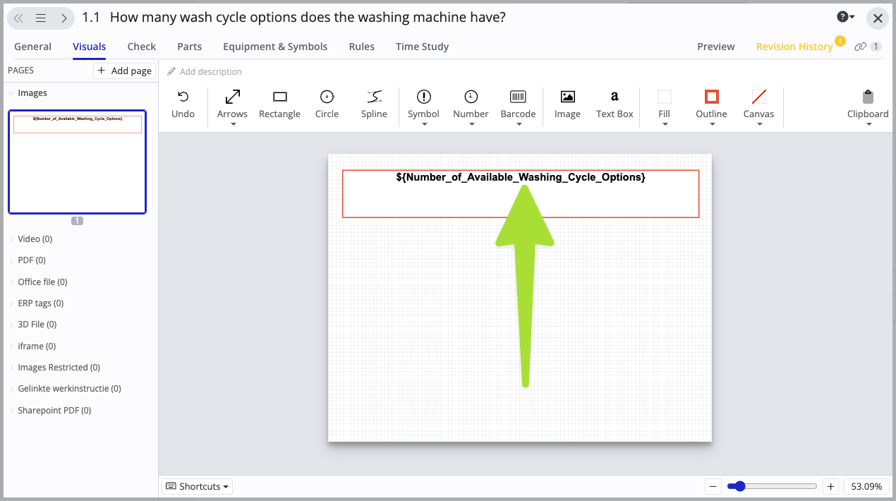 Azumuta interface displaying a visual editor with a dynamic parameter placeholder for 'Number of Available Washing Cycle Options' in a text box, highlighted with an arrow.
