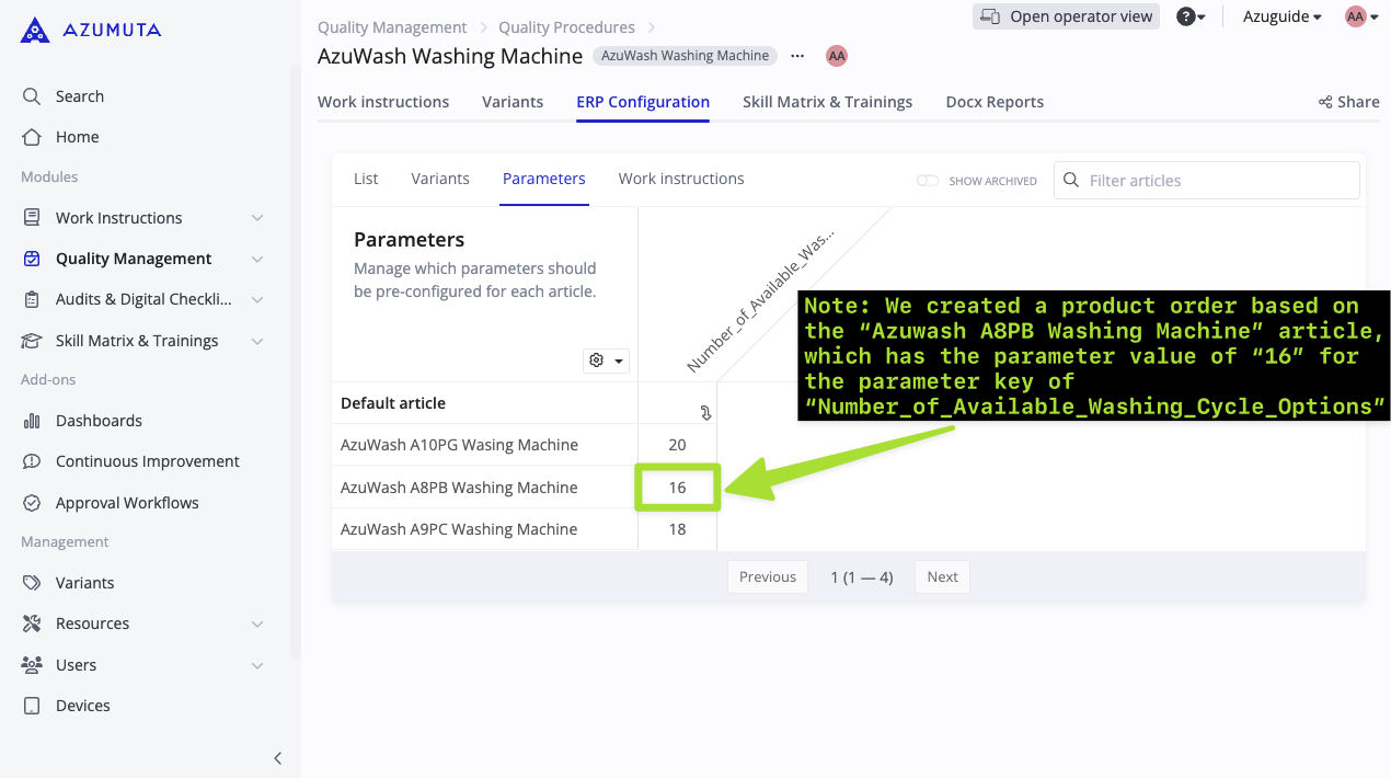 Azumuta ERP Configuration screen displaying washing machine parameters with a highlighted value of '16' for the 'AzuWash A8PB Washing Machine' and an annotation explaining its use in a product order.