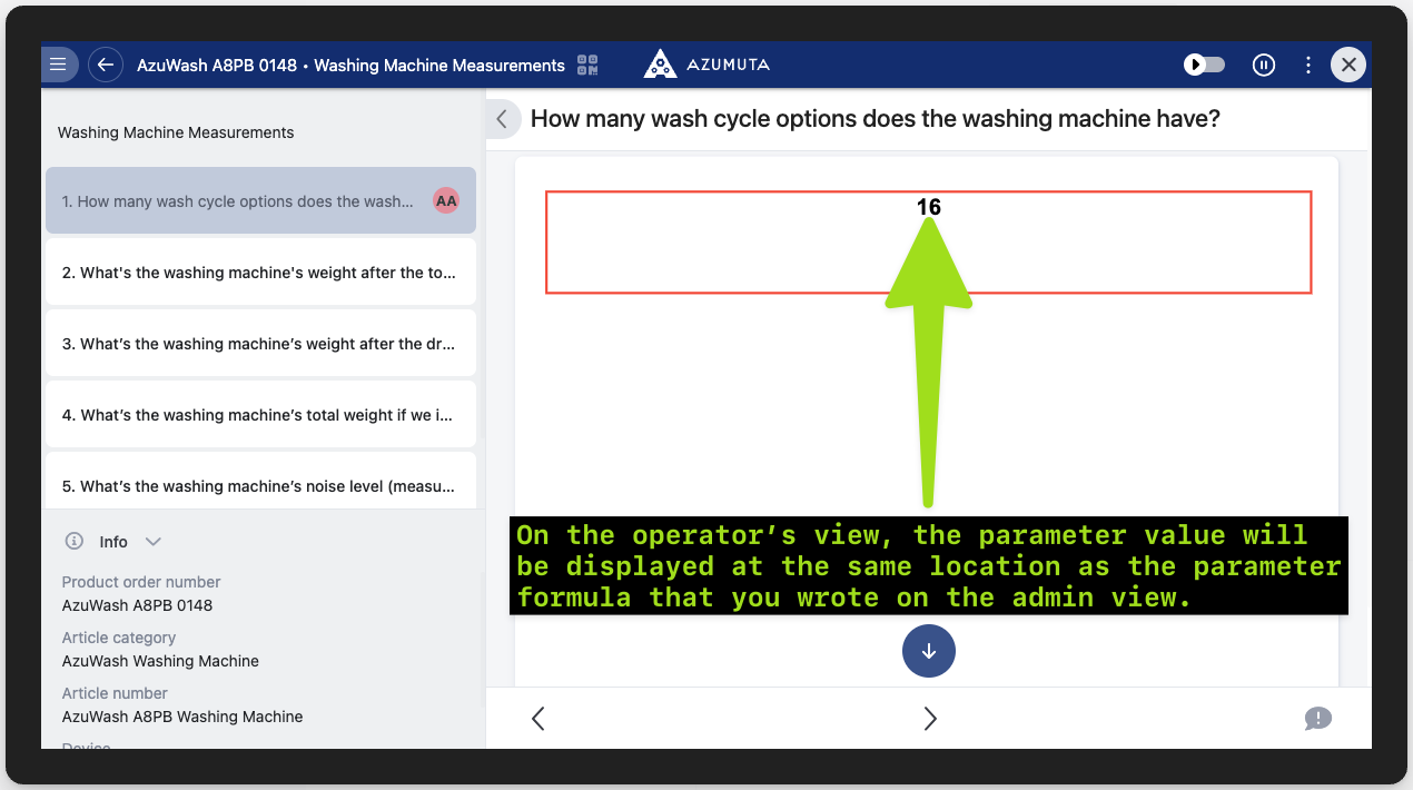 Azumuta interface displaying a washing machine measurement question about wash cycle options. The number "16" is highlighted in a red box with a green arrow pointing to it. A black text box with yellow text explains that in the operator’s view, the parameter value appears in the same location as the parameter formula in the admin view. The left panel lists related questions and product details, including the model "AzuWash A8PB 0148.