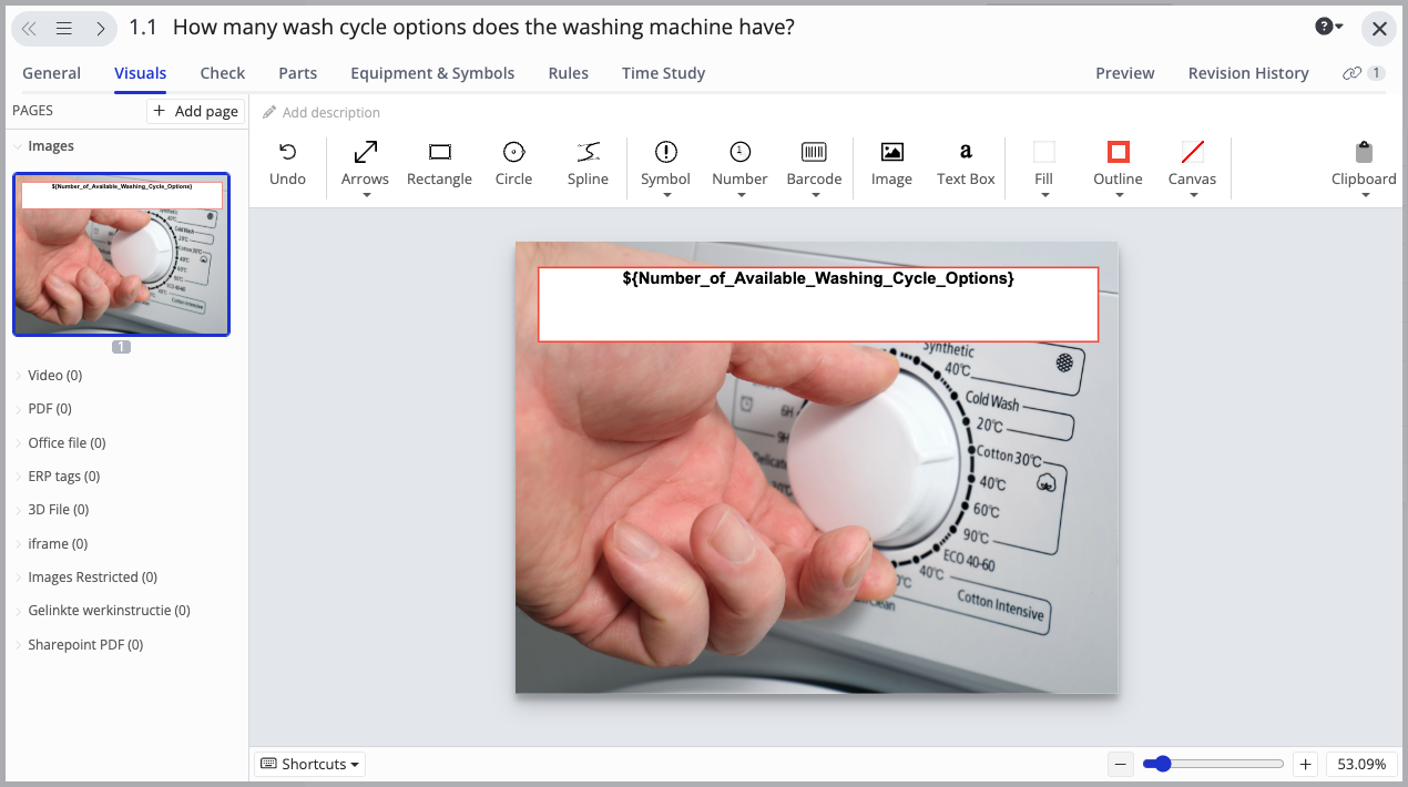Interface displaying a washing machine control panel with a hand adjusting the wash cycle knob. A placeholder text "${Number_of_Available_Washing_Cycle_Options}" is highlighted in a red box, indicating a dynamic parameter for the number of available wash cycles. The left panel shows media options like images, videos, and PDFs, while the top menu includes tools for adding visuals, text, and symbols.