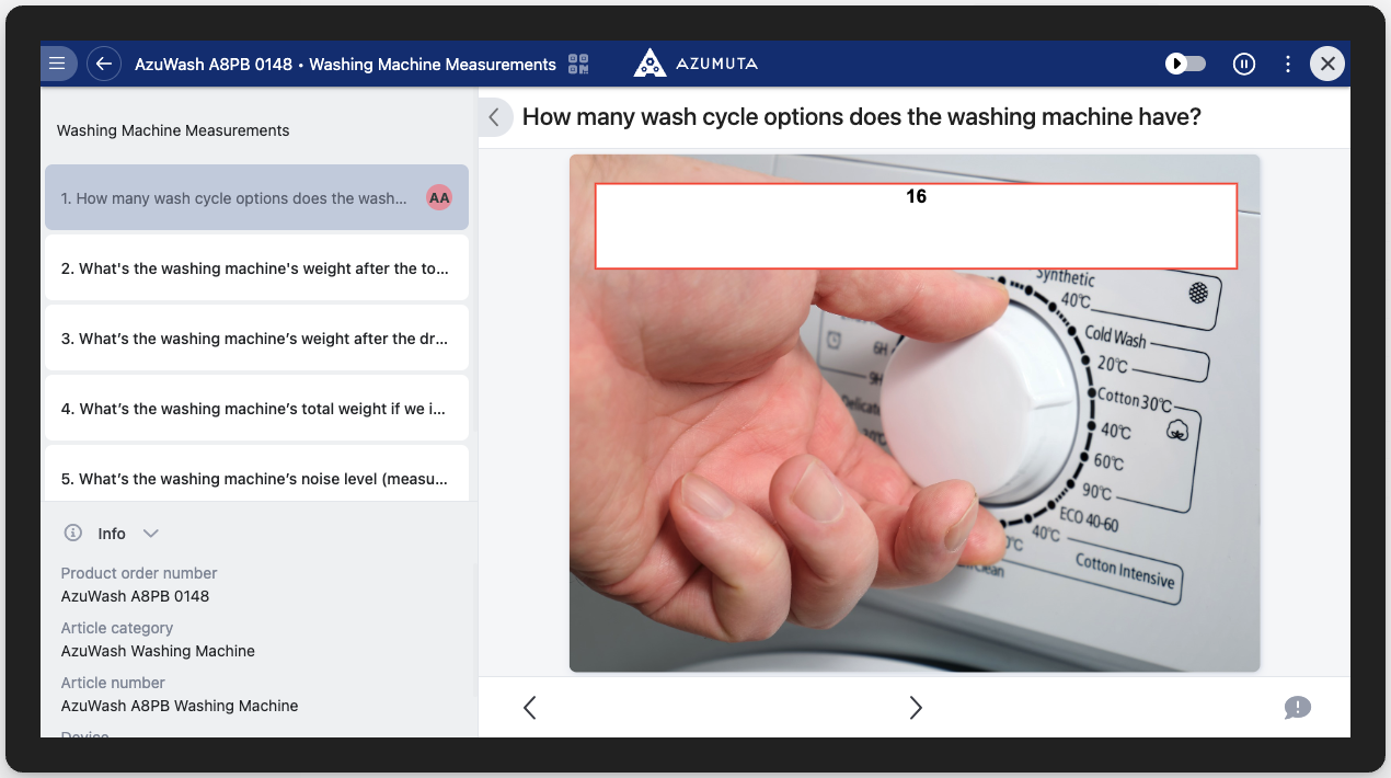 Azumuta interface displaying washing machine measurements with a question about wash cycle options. The image shows a hand adjusting a washing machine's cycle knob, with the number "16" highlighted in a red box, indicating the available wash cycles. The left panel lists related questions and product details, including the model "AzuWash A8PB 0148.