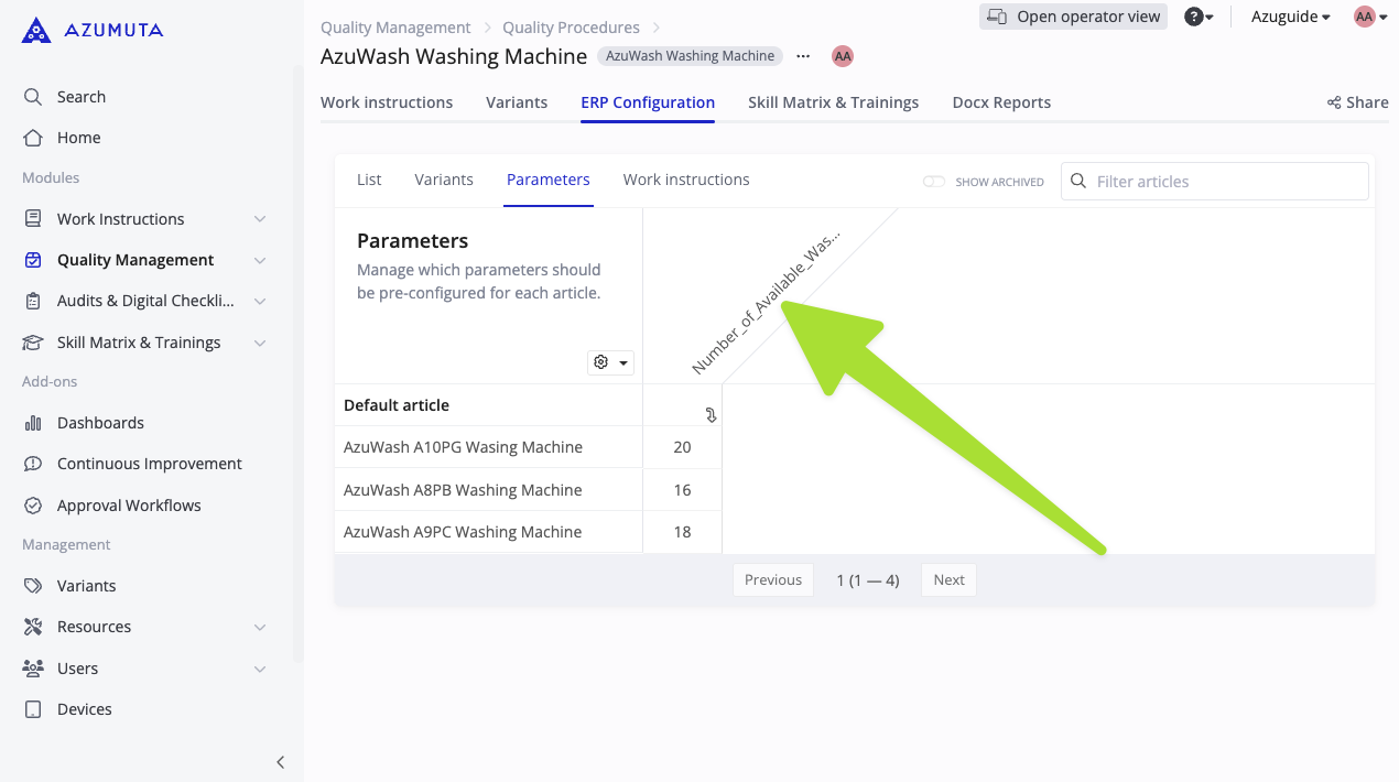 Azumuta ERP Configuration Parameters screen displaying a table with washing machine models and their available quantity, with a highlighted column header truncation issue.