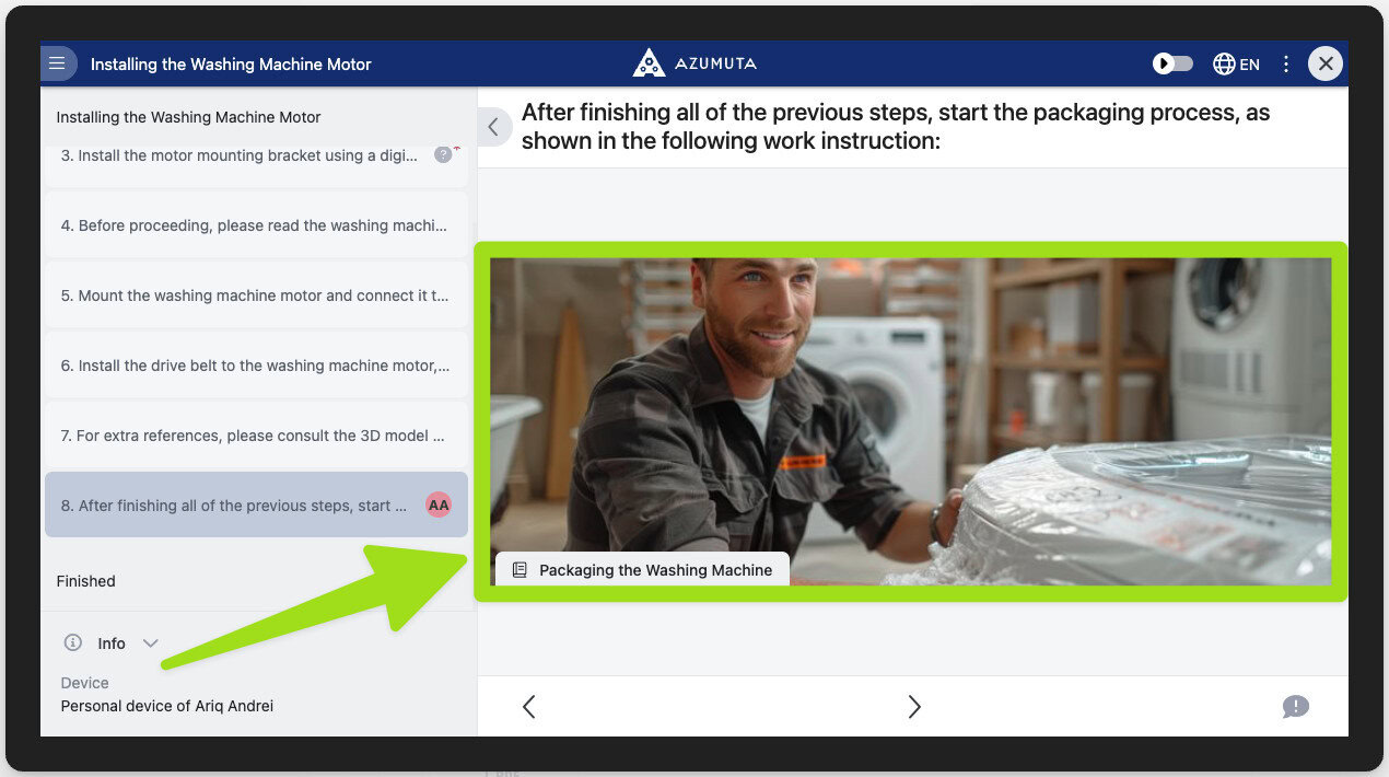 Azumuta interface showing a step-by-step digital work instruction for installing a washing machine motor, featuring a visual preview of a linked packaging instruction with a smiling factory worker wrapping a washing machine.