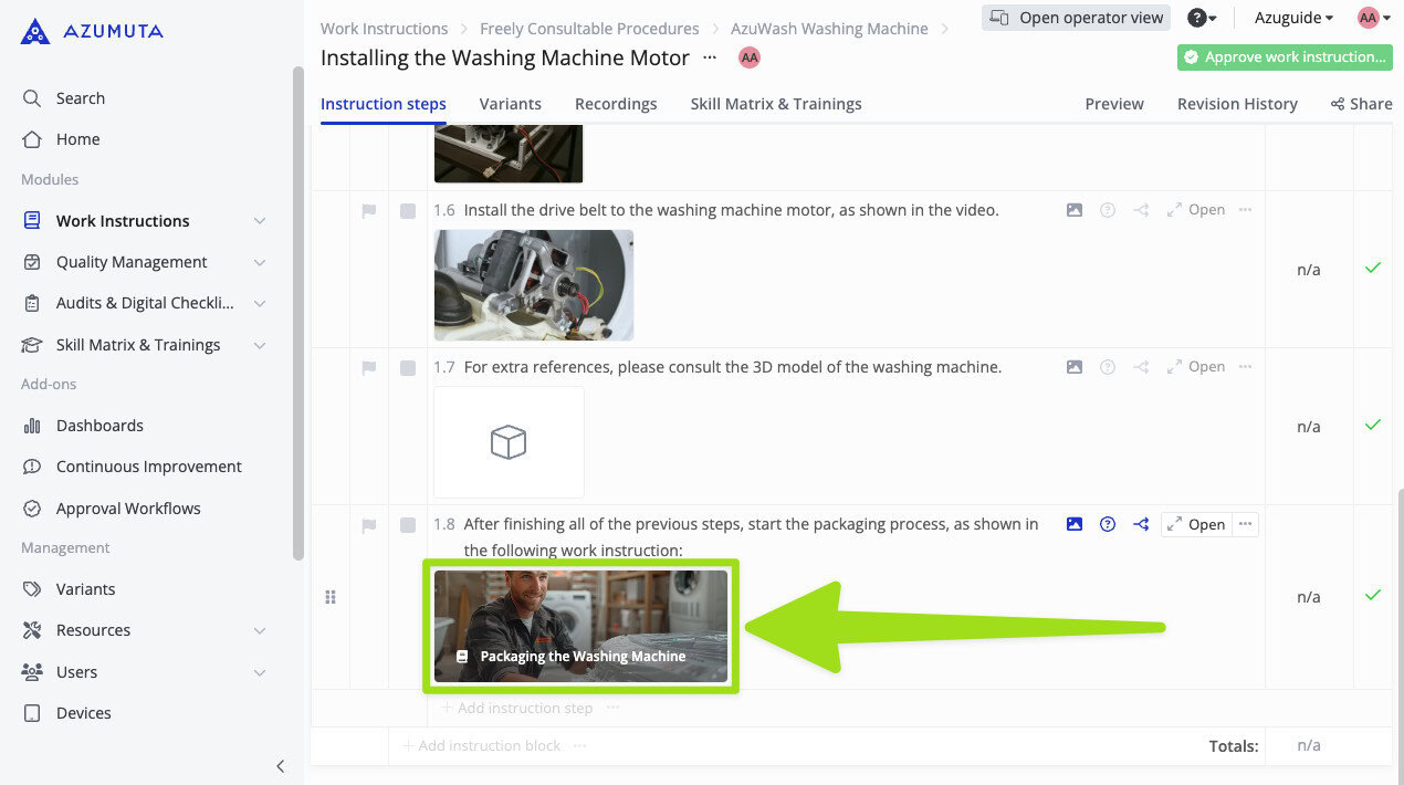 Azumuta work instruction editor showing visual preview of a linked step for packaging a washing machine, with highlighted thumbnail and navigation options in a digital procedure interface.