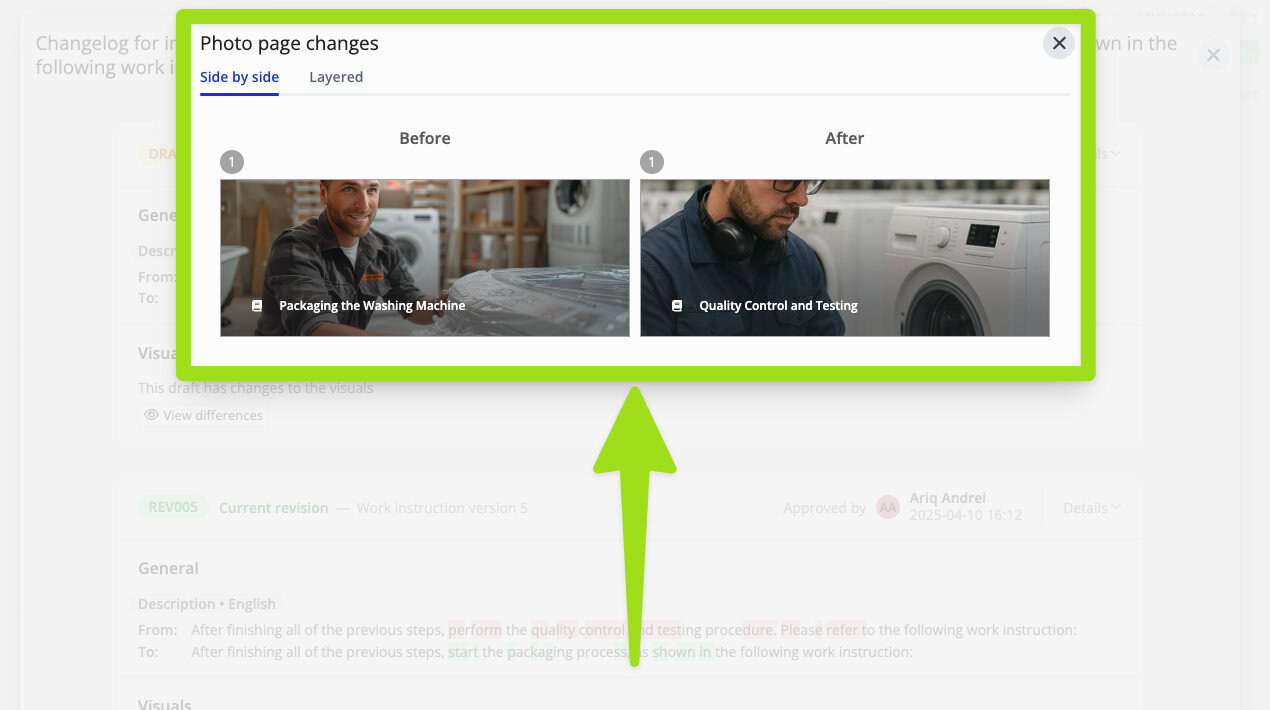 Azumuta revision history interface showing side-by-side visual comparison of work instruction changes with preview thumbnails for 'Packaging the Washing Machine' and 'Quality Control and Testing.