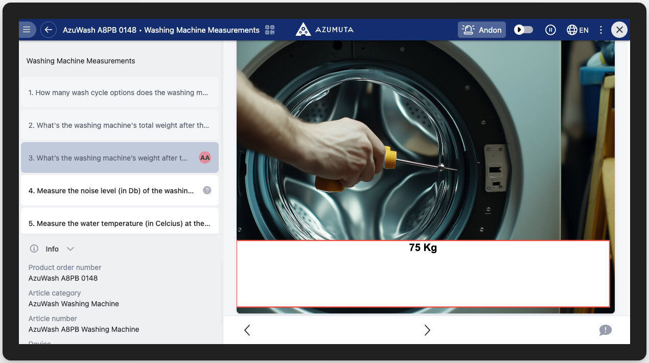 Digital work instruction interface for Azumuta washing machine showing step to measure final weight after drum installation, displaying result as 75 Kg.