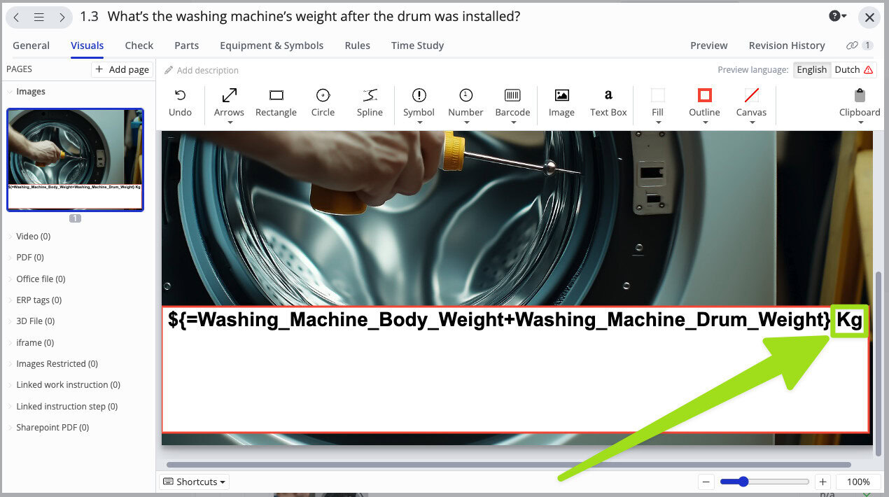 Screenshot of a washing machine maintenance software interface showing a visual step with a formula calculating total weight after drum installation, highlighting the unit 'Kg'.