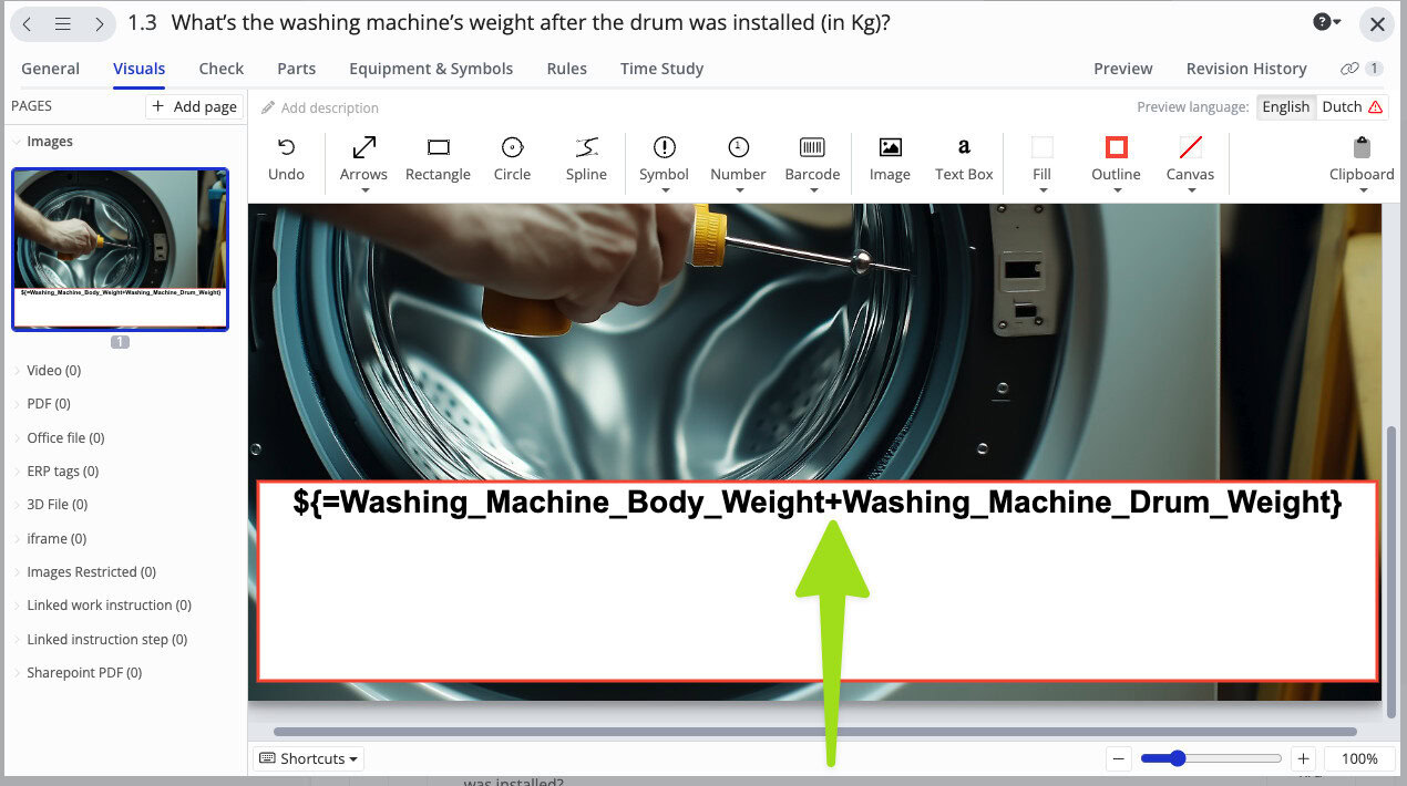 Instructional visual showing how to calculate total washing machine weight using parameters Washing_Machine_Body_Weight and Washing_Machine_Drum_Weight in a digital work instruction interface.