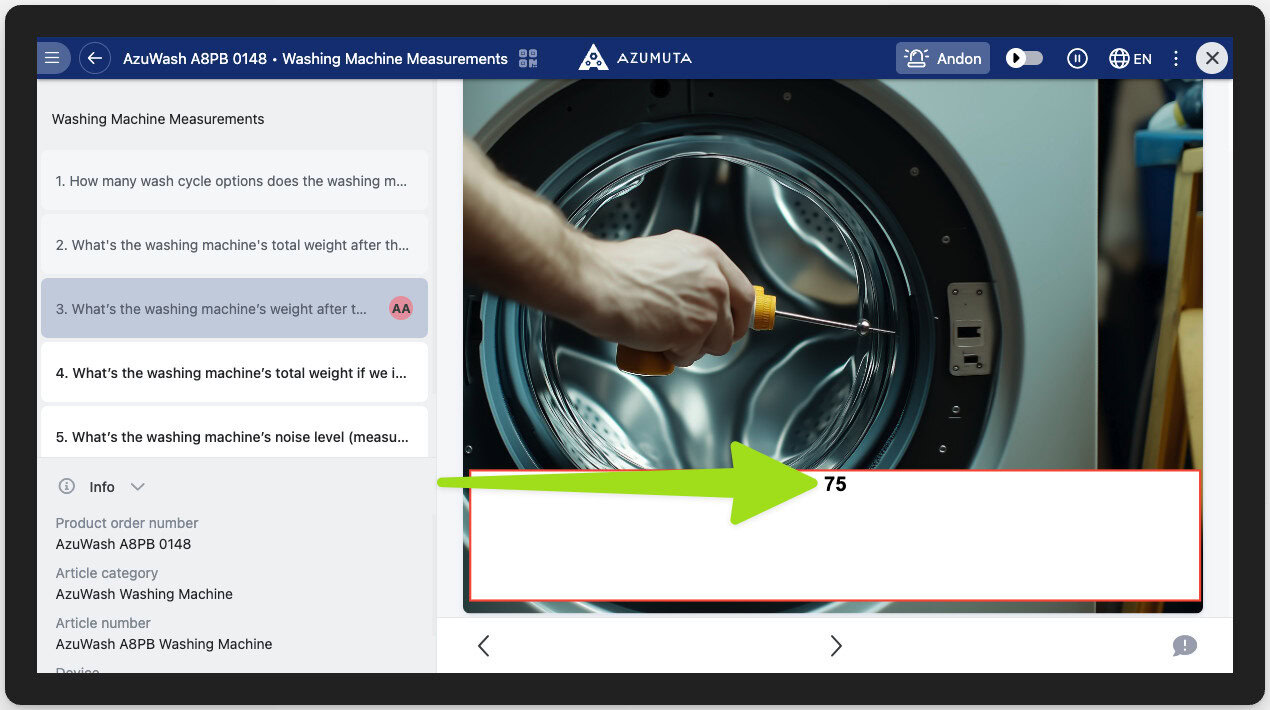 Digital instruction interface displaying washing machine weight calculation for AzuWash A8PB model, showing result after drum installation.
