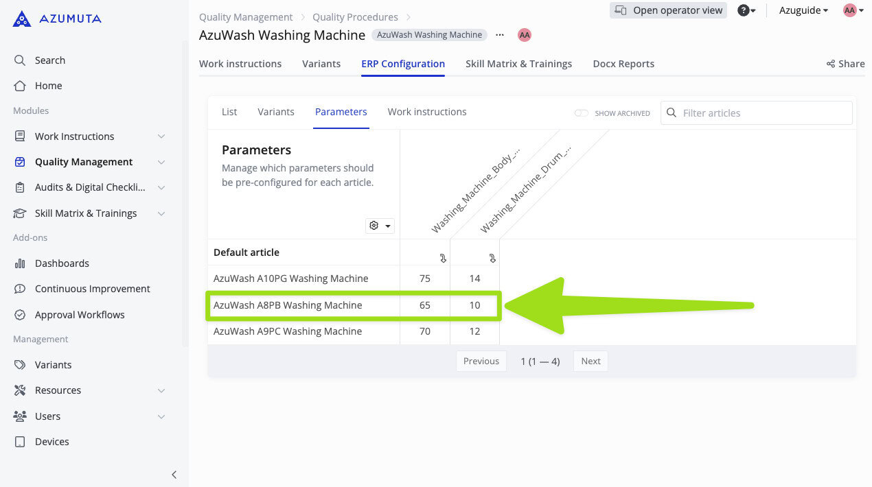 ERP configuration screen in Azumuta highlighting the AzuWash A8PB Washing Machine with pre-configured parameters for body weight (65) and drum weight (10).
