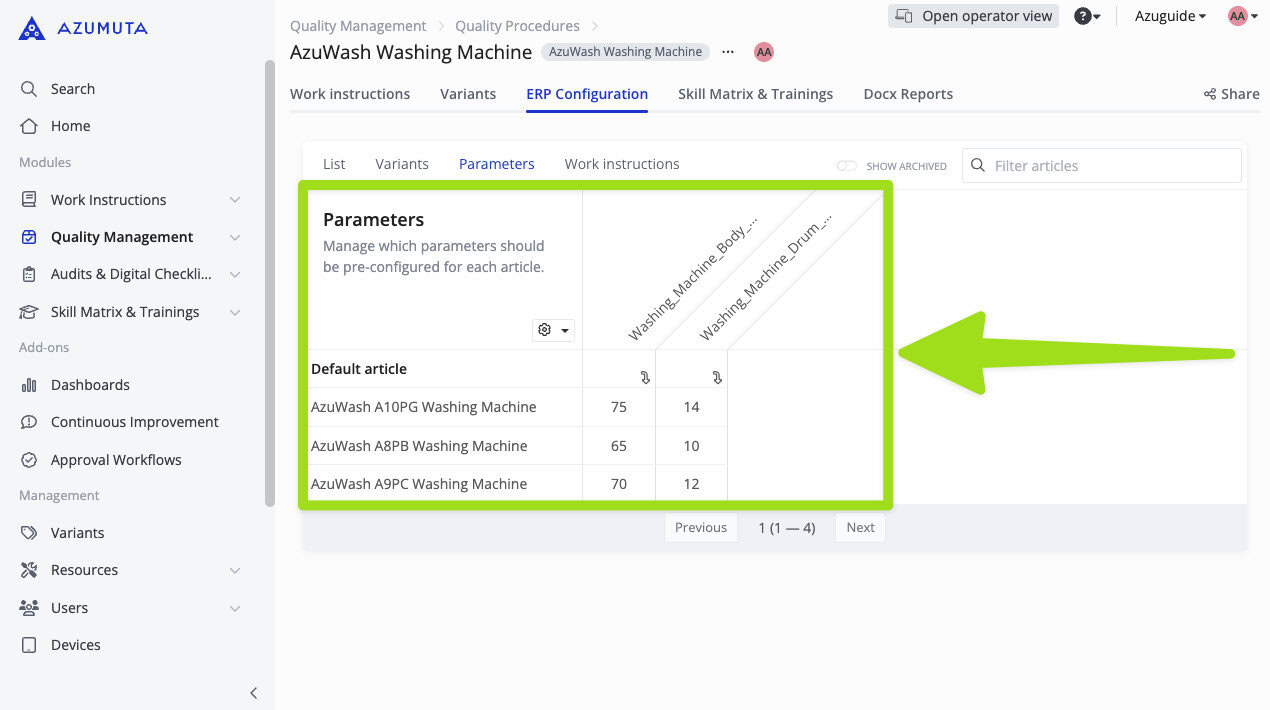ERP configuration screen in Azumuta showing washing machine parameters, including body and drum weights for AzuWash models A10PG, A8PB, and A9PC.