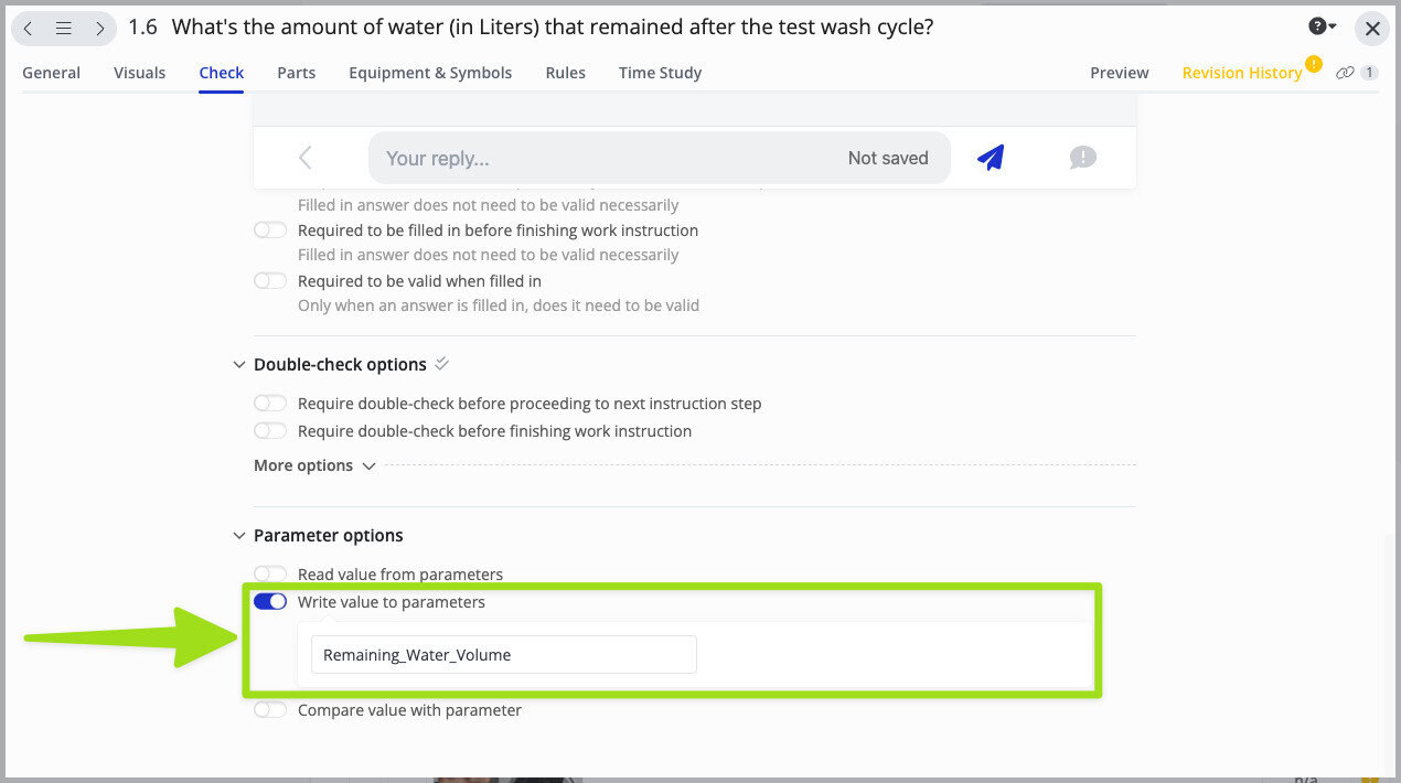 User interface in Azumuta showing a quality control step for entering remaining water volume during a washing machine leak test, with parameter value being saved as 'Remaining_Water_Volume.