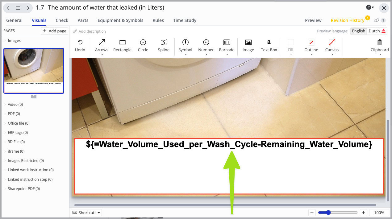 Visual interface showing a washing machine leak test calculation using a formula to subtract remaining water volume from total water used per cycle in a digital work instruction system.