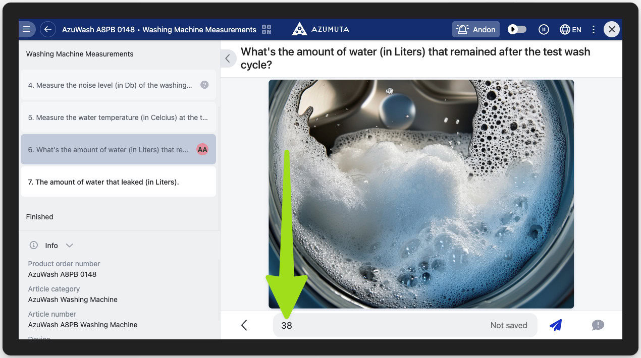 Operator interface in Azumuta showing recorded value of 38 liters of remaining water after a test wash cycle for AzuWash A8PB washing machine model.