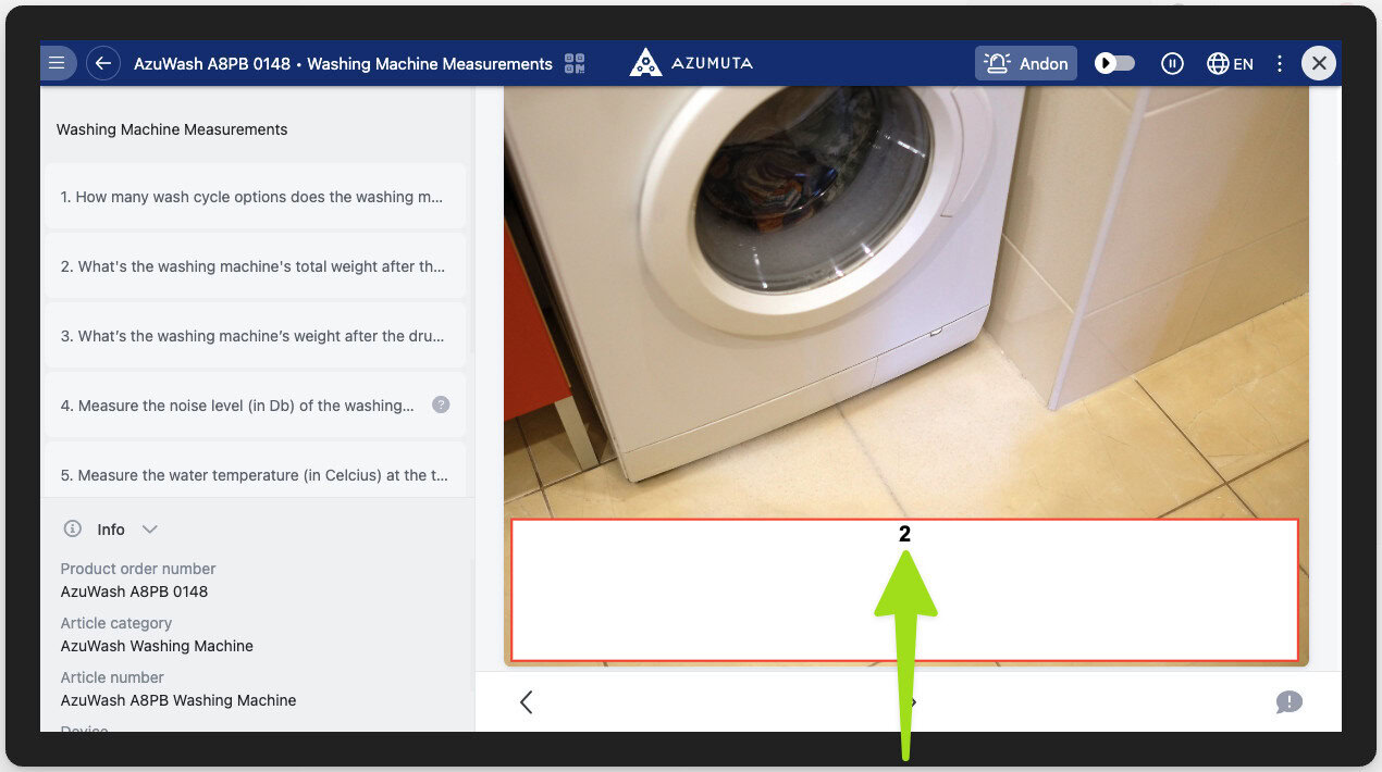 Azumuta interface showing a washing machine measurement step with 2 liters of leaked water recorded during the quality control test for AzuWash A8PB model.
