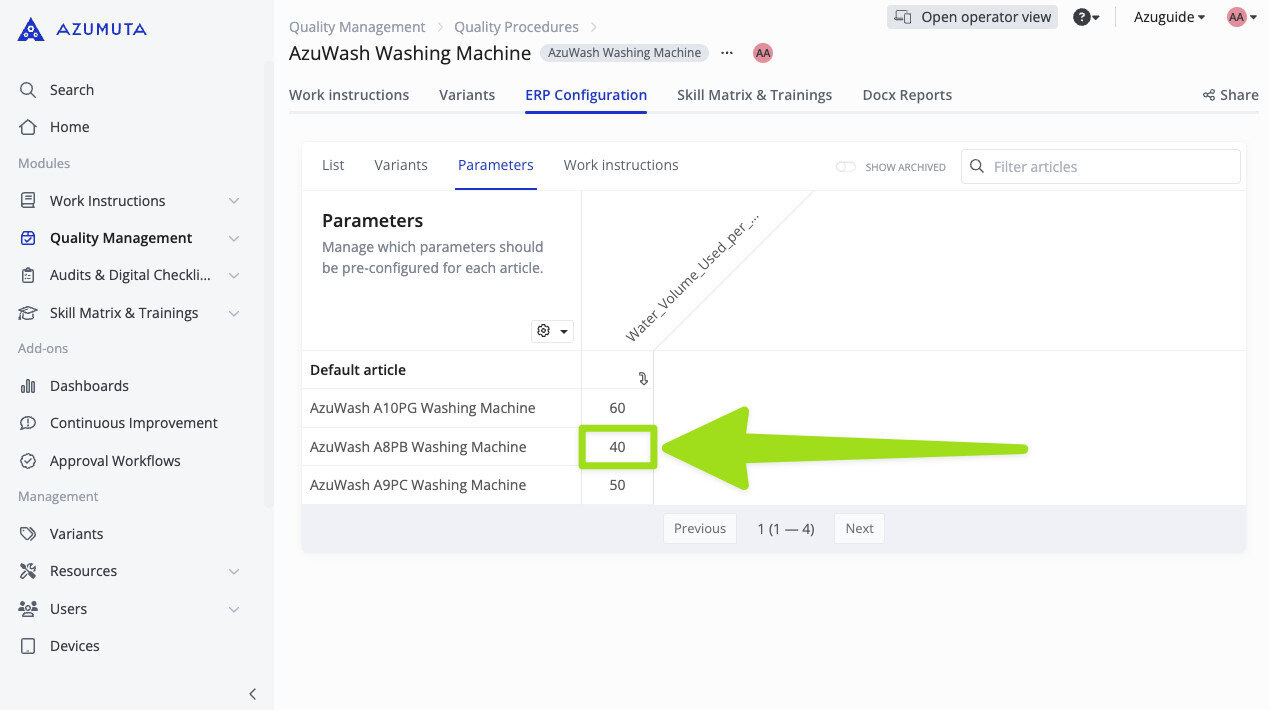 ERP configuration screen in Azumuta software displaying water volume usage parameters for AzuWash washing machine models, highlighting the A8PB model with 40 liters per wash cycle.