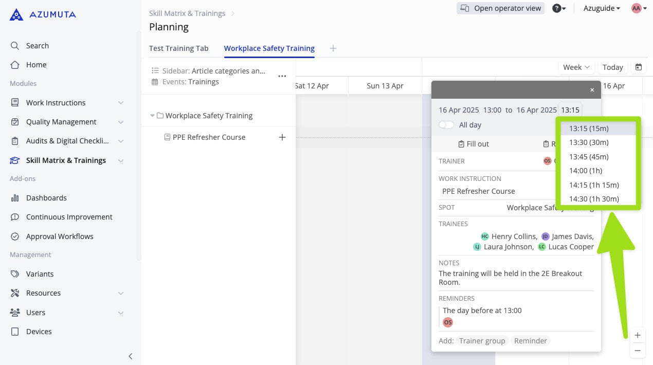 Screenshot of the Azumuta platform showing a Workplace Safety Training event being scheduled with a dropdown menu to select precise time slots ranging from 15 minutes to 1 hour and 30 minutes.