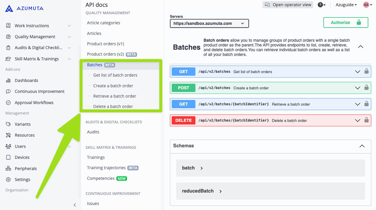 Screenshot of Azumuta API documentation interface highlighting newly added batch order endpoints. The "Batches (BETA)" section includes options to get a list of batch orders, create, retrieve, and delete a batch order. Color-coded HTTP methods (GET, POST, DELETE) and schema definitions are also visible, supporting expanded integration capabilities.