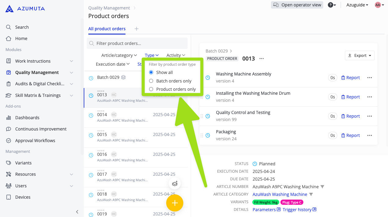 Screenshot of the Azumuta Quality Management interface showing the new filter dropdown for selecting product order types, with options to display all, batch orders only, or product orders only. A large green arrow highlights the active filter selection feature.