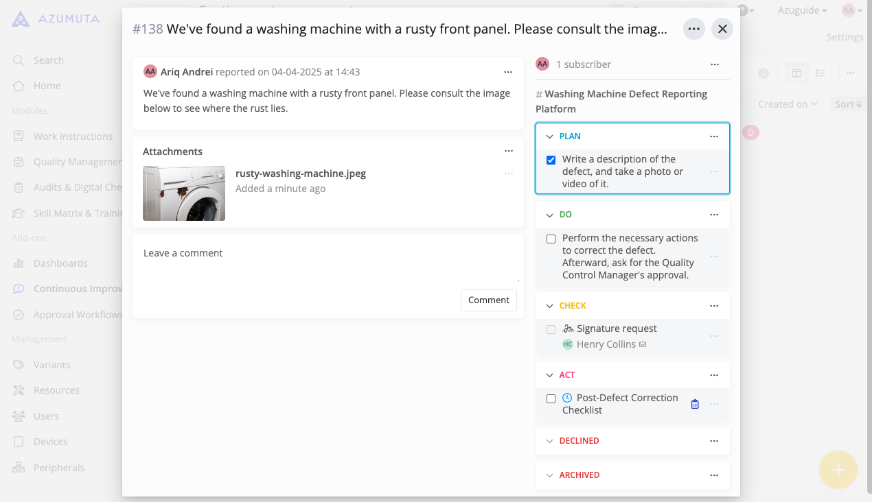 Azumuta issue ticket showing a reported washing machine defect with a rusty front panel, including image attachment and PDCA workflow steps for resolution.