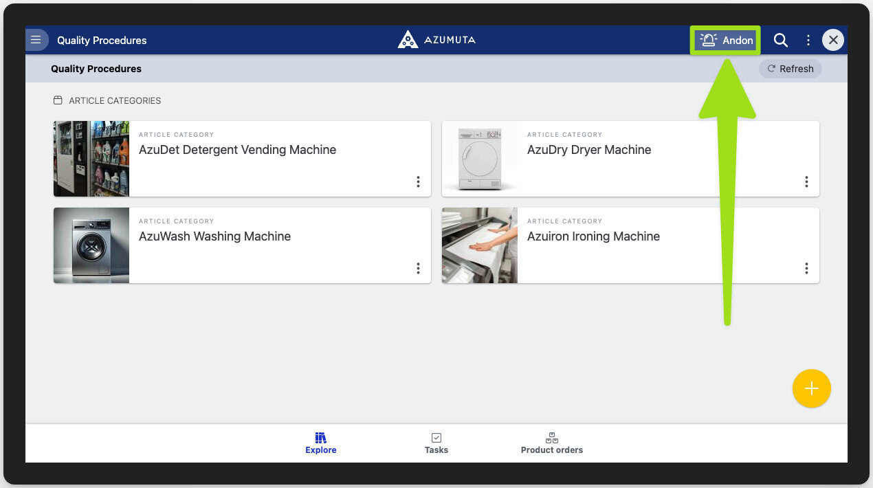 Azumuta quality procedures dashboard showing product categories like AzuWash Washing Machine and AzuDry Dryer Machine, with a highlighted Andon button for reporting production issues.