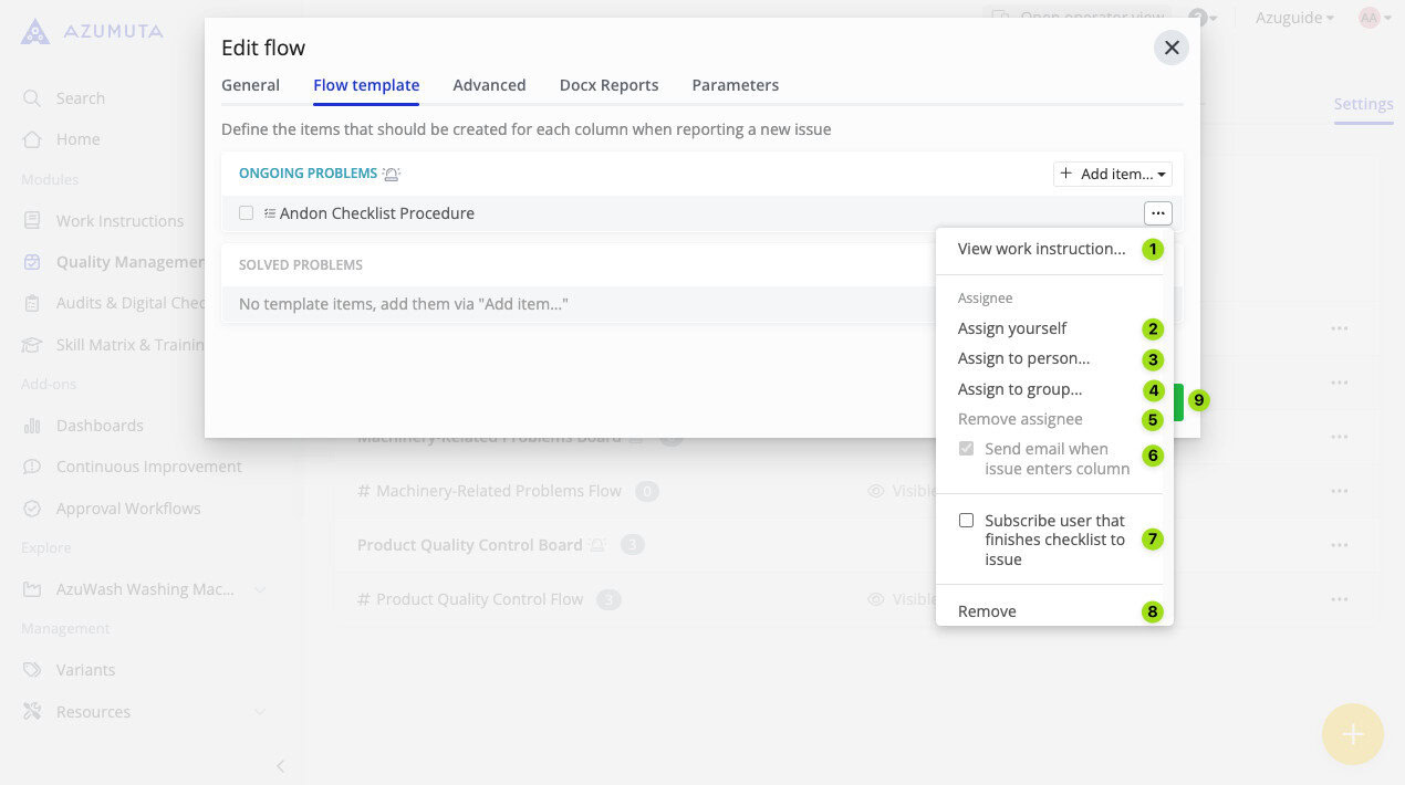 Azumuta Edit Flow interface showing checklist procedure options, including assigning users, sending email notifications, viewing work instructions, and subscribing users to issues.