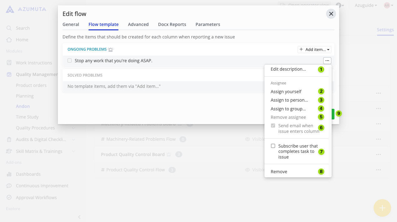 Azumuta 'Edit Flow' interface showing task editing options under the 'Flow template' tab, including assigning users, editing descriptions, email notifications, and task removal within the 'Ongoing Problems' column