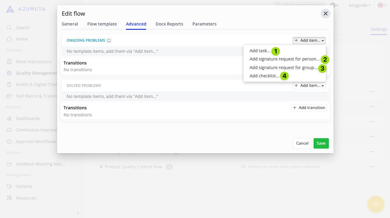 Screenshot of the "Edit flow" interface in Azumuta showing the "Advanced" tab, where a dropdown menu allows users to add items such as tasks, signature requests (for individuals or groups), and checklists to a workflow column.