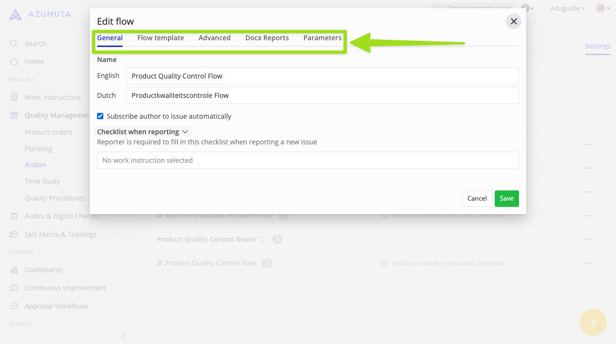Screenshot of the 'Edit flow' window in the Azumuta platform, highlighting the navigation tabs—General, Flow template, Advanced, Docx Reports, and Parameters—for configuring a product quality control flow.