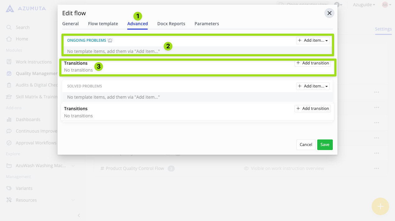 Azumuta Edit Flow screen highlighting the Advanced tab with options to manage ongoing problems and transitions in a quality management workflow.