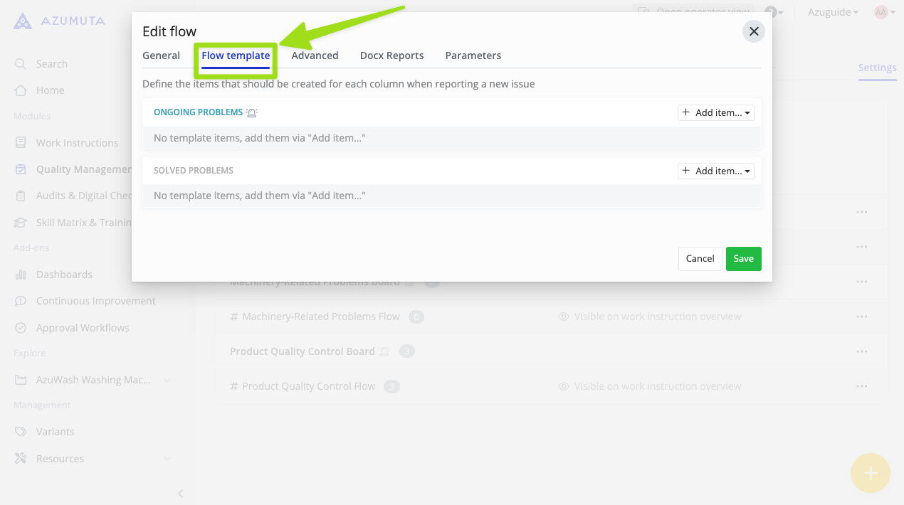 Edit Flow interface in Azumuta platform showing the 'Flow template' tab selected, allowing users to define items for ongoing and solved problems with options to add template items.