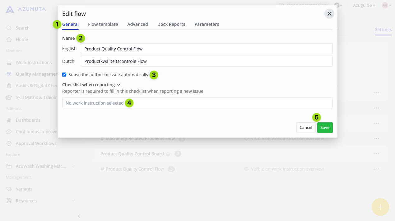 Screenshot of the 'General' tab in the Edit Flow window on the Azumuta platform, with numbered labels highlighting key fields such as flow name input (2), automatic subscription checkbox (3), checklist selection dropdown (4), and the Save button (5) for configuring a Product Quality Control Flow.
