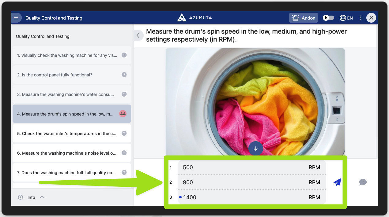 "Azumuta interface showing a quality control checklist for washing machines, highlighting a step to measure drum spin speed at low, medium, and high power settings (500, 900, and 1400 RPM), with a visual of colorful laundry inside a front-loading washing machine."