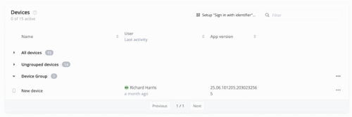 Screenshot of the 'Devices' tab in the Azumuta admin interface, showing 15 devices in total, with 0 active. Devices are grouped under 'All devices', 'Ungrouped devices', and one custom group. One device named “New device” is assigned to user Richard Harris, with last activity a month ago and a listed app version. 