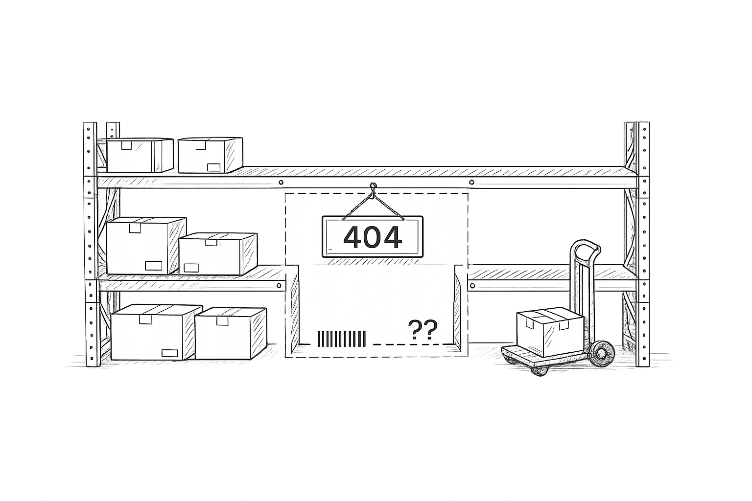 Illustration dessinée à la main d'étagères d'entrepôt, avec un panneau 404 à l'emplacement d'une boîte manquante