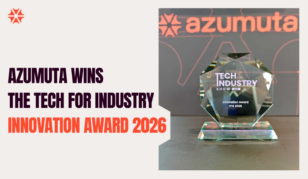 The Azumuta team on stage at Tech for Industry Show in Paris, receiving the TFIS Innovation Award 2026 for Azumuta Labs.